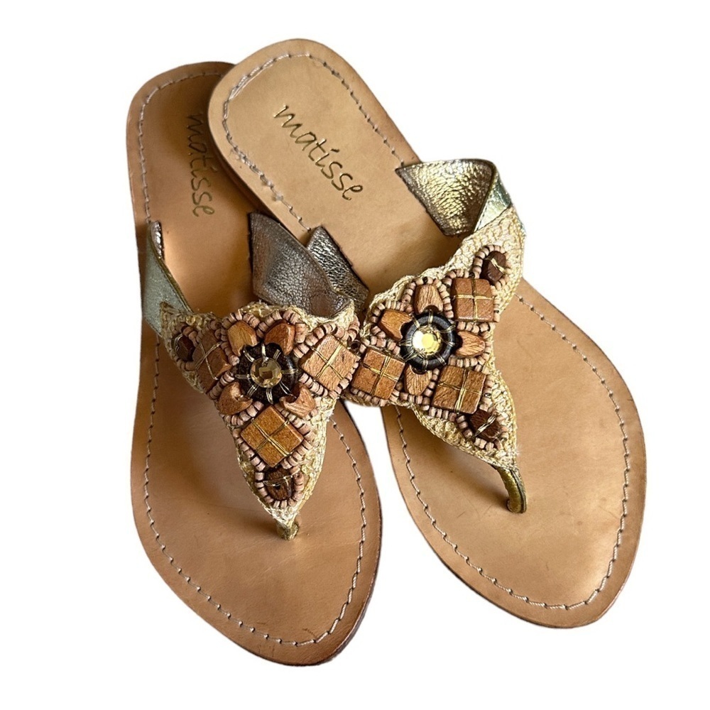 Matisse Gold Beaded Boho Leather Thong Sandals Size 6 | Genuine Leather India